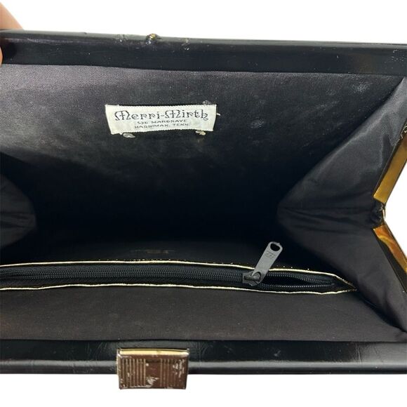 Vintage Julius Resnick 1960s Crochet Floral Applique Black Burlap Handbag Purse - Picture 4 of 5